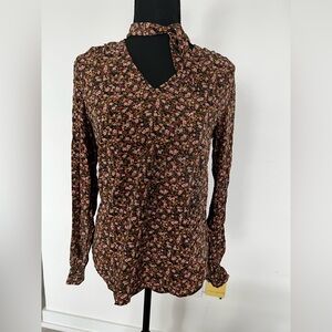 Floral V-Neck Long Sleeve Top - Pink on Brown
